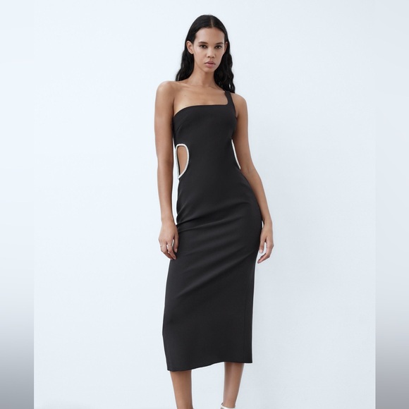 Zara bodycon dress cut out midi rhinestone fitted party coctail gala - Picture 2 of 9